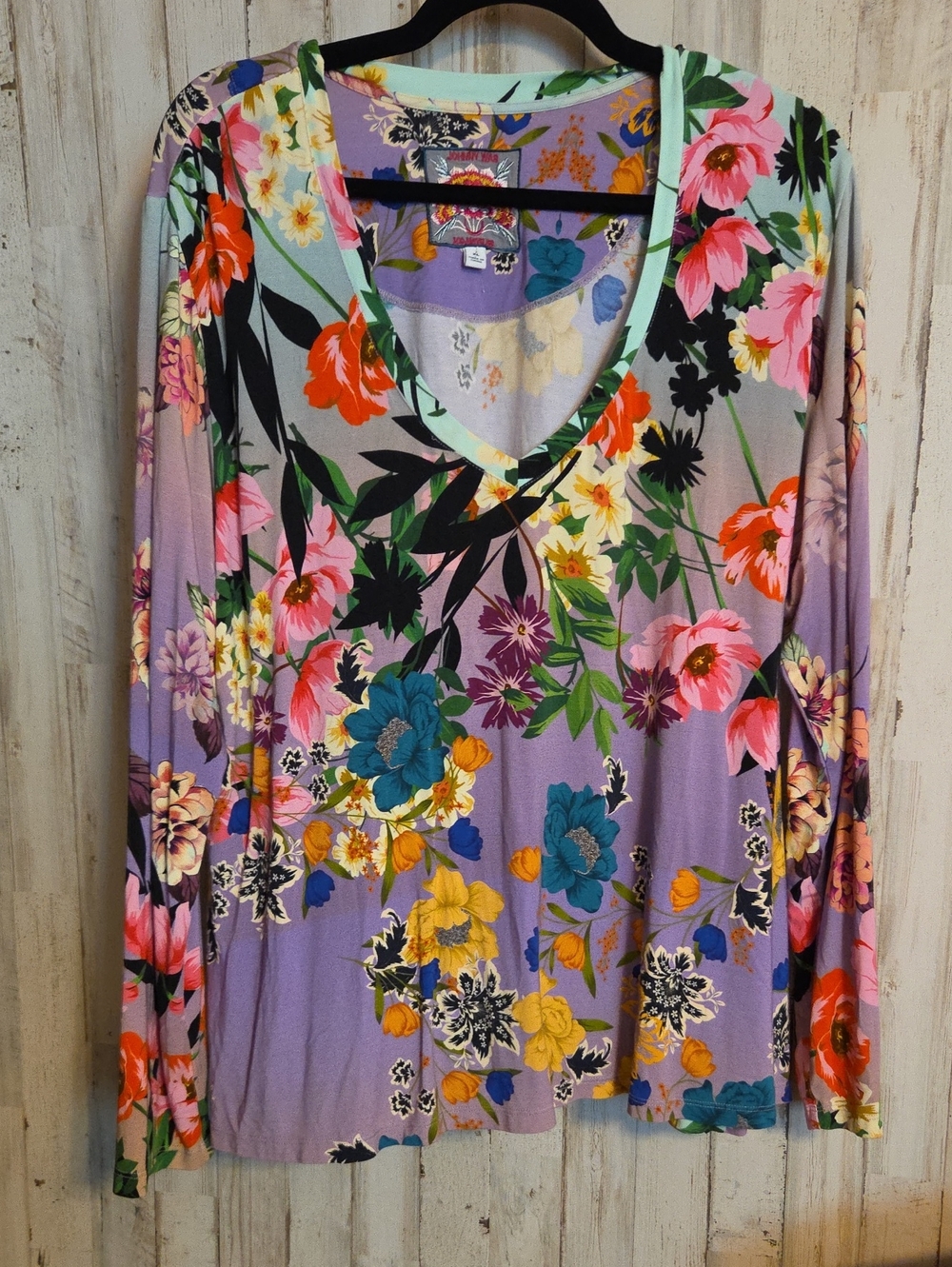 Johnny Was Lavender Multicolor Floral V-Neck Long Sleeve Top